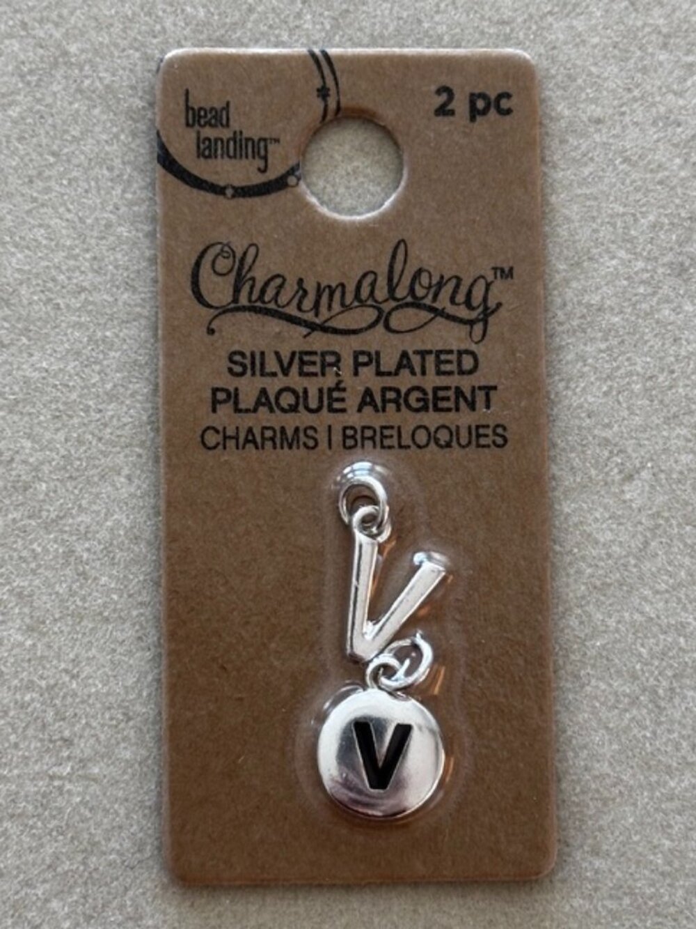 Bead Landing Charmalong Silver Plated “V” Initial Charms – 2 Pack – Nickel Free